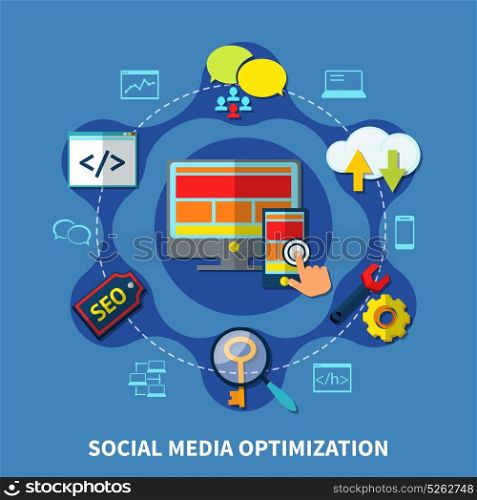 Social Media Round Composition. Seo optimization circle composition of cloud networking maintenance and search lens images desktop computer and smartphone vector illustration