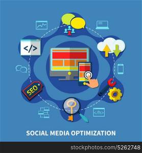 Social Media Round Composition. Seo optimization circle composition of cloud networking maintenance and search lens images desktop computer and smartphone vector illustration