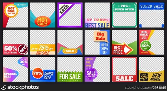 Social media sale post template with discount stickers. Product promotion square frames for social network ads. Web promo offer vector set. Shopping announcement with low price, new arrival. Social media sale post template with discount stickers. Product promotion square frames for social network ads. Web promo offer vector set