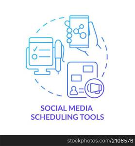 Social media scheduling tools blue gradient concept icon. Prioritizing multiple posts abstract idea thin line illustration. Isolated outline drawing. Roboto-Medium, Myriad Pro-Bold fonts used. Social media scheduling tools blue gradient concept icon