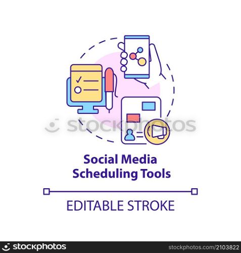 Social media scheduling tools concept icon. Marketing strategy abstract idea thin line illustration. Isolated outline drawing. Editable stroke. Roboto-Medium, Myriad Pro-Bold fonts used. Social media scheduling tools concept icon