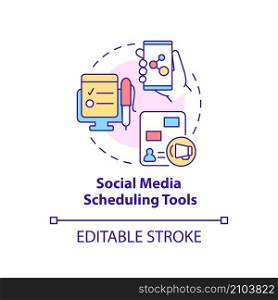 Social media scheduling tools concept icon. Marketing strategy abstract idea thin line illustration. Isolated outline drawing. Editable stroke. Roboto-Medium, Myriad Pro-Bold fonts used. Social media scheduling tools concept icon