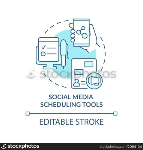Social media scheduling tools turquoise concept icon. User engagement abstract idea thin line illustration. Isolated outline drawing. Editable stroke. Roboto-Medium, Myriad Pro-Bold fonts used. Social media scheduling tools turquoise concept icon