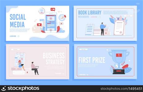 Social Media Services and E-Library Online Archive. Business Strategy Planning and Increasing Profit. Goal Achievement and Championship Challenge. Flat Landing Page Set. Vector Cartoon Illustration. Social Media Services, E-Library Landing Page Set