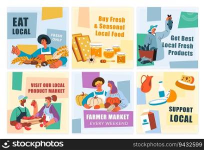Social media set with farmer market advertising. Web post page collection with flat man woman character sell local products, vector illustration. Buy fresh, seasonal food and support farms. Social media set with farmer market advertising