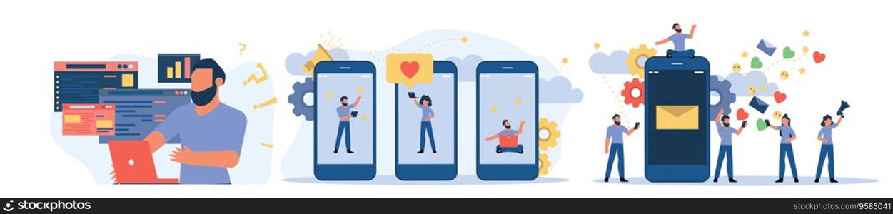 Social media share people vector trend illustration with man and woman. Person smile message concept business device. Network chat internet application. Gadget using group society banner