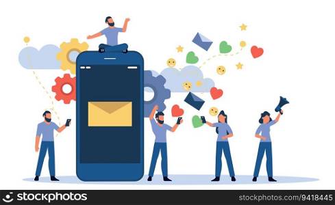 Social media share phone people vector trend illustration with man and woman. Person smile message concept mobile device. Network chat internet application. Gadget using group society banner
