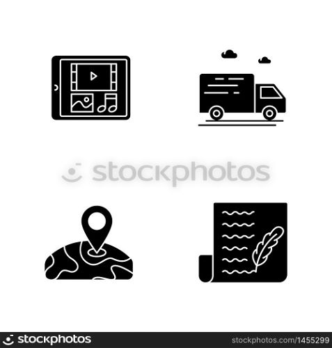 Social media shop black glyph icons set on white space. Multimedia on tablet display. Digital device screen. Global express shipping. Silhouette symbols. Vector isolated illustration. Social media shop black glyph icons set on white space