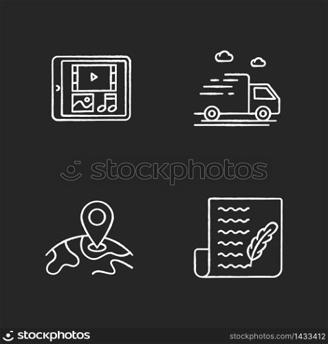 Social media shop chalk white icons set on black background. Multimedia on tablet display. Digital device screen. Global express shipping. Write blog. Isolated vector chalkboard illustrations. Social media shop chalk white icons set on black background