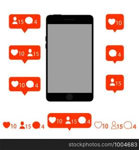 Social media smartphone. Like, follow, comment icons set