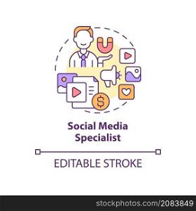 Social media specialist concept icon. Digital marketing profession abstract idea thin line illustration. Isolated outline drawing. Editable stroke. Roboto-Medium, Myriad Pro-Bold fonts used. Social media specialist concept icon