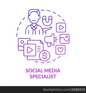 Social media specialist purple gradient concept icon. Digital marketing specialist abstract idea thin line illustration. Isolated outline drawing. Roboto-Medium, Myriad Pro-Bold fonts used. Social media specialist purple gradient concept icon