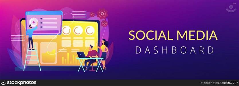 Social media specialists manage multiple accounts on huge laptop. Social media dashboard, online marketing interface, social media metrics concept. Header or footer banner template with copy space.. Social media dashboard concept banner header.