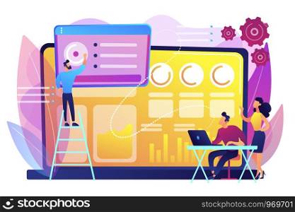 Social media specialists manage multiple accounts on huge laptop. Social media dashboard, online marketing interface, social media metrics concept. Bright vibrant violet vector isolated illustration. Social media dashboard concept vector illustration.