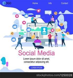 Social Media Square Banner with Copy Space. People Communicate with Friends in Social Network Using Smartphones and Gadgets. Young Men and Women Sit on Huge Monitor. Cartoon Flat Vector Illustration. Social Media Square Banner with Copy Space.