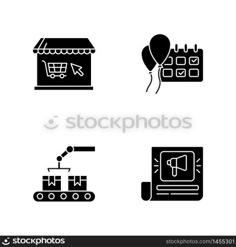 Social media store black glyph icons set on white space. Online shopping. Event planning. Campaign date. Production of merchandise. Silhouette symbols. Vector isolated illustration. Social media store black glyph icons set on white space