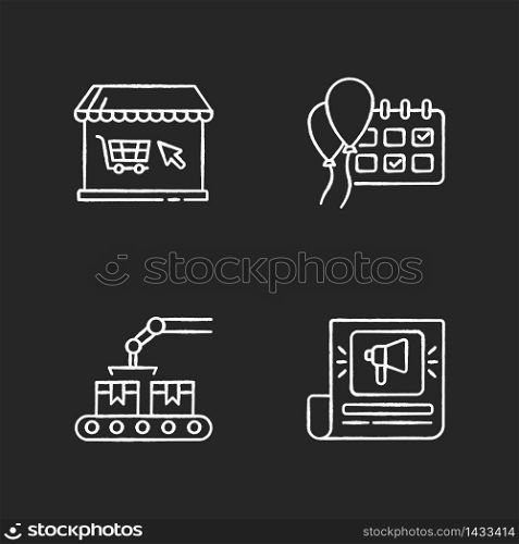 Social media store chalk white icons set on black background. Online shopping. Event planning. Campaign date. Production of merchandise. Calendar check. Isolated vector chalkboard illustrations. Social media store chalk white icons set on black background