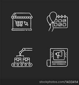 Social media store chalk white icons set on black background. Online shopping. Event planning. Campaign date. Production of merchandise. Calendar check. Isolated vector chalkboard illustrations. Social media store chalk white icons set on black background