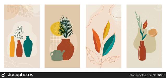Social media stories set of abstract modern backgrounds with plants in pot. Pastel color combinations, shapes and tropical palm, leaves, lines.Vector eps illustration for advertising, branding, print.. Social media stories set of abstract modern backgrounds with plants in pot.