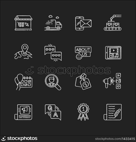 Social media story chalk white icons set on black background. Online shopping. Express delivery. Global shipping. Internet store. Top selling product. Isolated vector chalkboard illustrations. Social media story chalk white icons set on black background