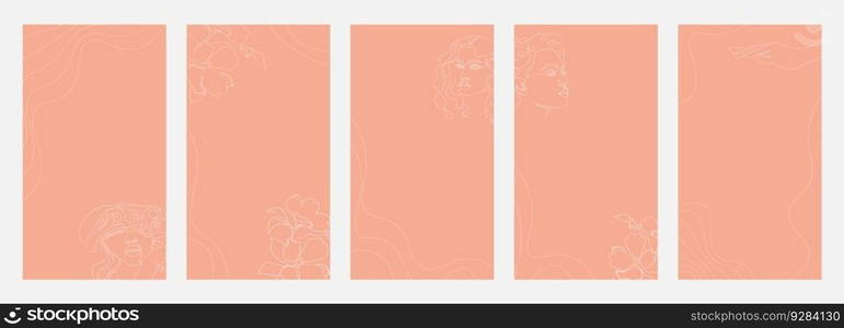 Social media story design templates. Abstract lines, woman faces and flowers on pink background. Vector illustration. Social media story design templates. Abstract lines, woman faces and flowers on pink background