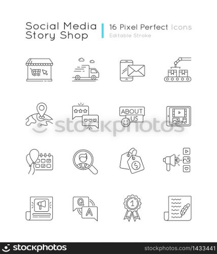 Social media story pixel perfect linear icons set. Online shopping. Global shipping. Internet store. Customizable thin line contour symbols. Isolated vector outline illustrations. Editable stroke. Social media story pixel perfect linear icons set