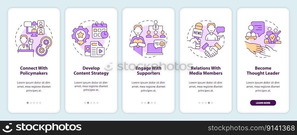 Social media strategies for advocacy onboarding mobile app screen. Walkthrough 5 steps editable graphic instructions with linear concepts. UI, UX, GUI template. Myriad Pro-Bold, Regular fonts used. Social media strategies for advocacy onboarding mobile app screen