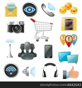 Social Media Symbols Accessories Icons Collection . Social media symbols accessories equipment gleaming icons collection with headphone cell phone like and emoji isolated vector illustration