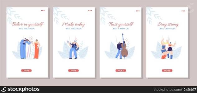Social Media Template Happy Life Motivation Set Music Party Floral Style Dancing Playing Instruments People Inspiration Slogan Believe Trust Yourself Make Today Stay Strong Flat Vector Illustration. Social Media Template Motivate Text Music Style