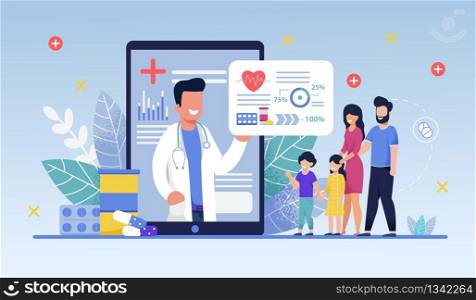 Social Media Template, Mobile App Family Doctor. Family Using Mobile Application, Control Health Indicators, Consult Online Doctor, Sign up Appointment Therapist. Healthcare services. Social Media Template, Mobile App Family Doctor