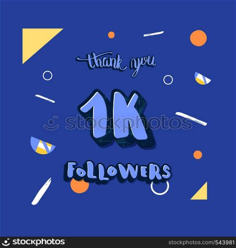 Social media template of 1k followers thank you. Banner for internet networks. 1000 subscribers congratulation post. Vector illustration.