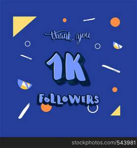 Social media template of 1k followers thank you. Banner for internet networks. 1000 subscribers congratulation post. Vector illustration.
