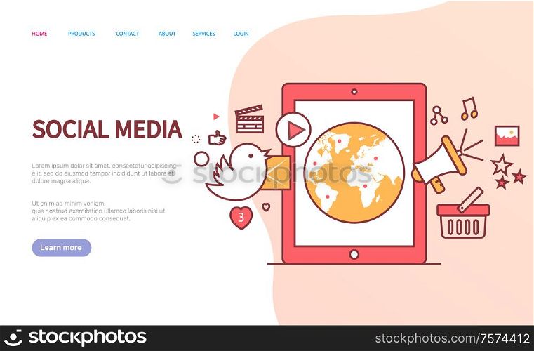 Social media template of website, web pages decorated by tablet, hearts, massage icons and loudspeaker. Screen page of online communication vector. Social Media Website, Online Communication Vector