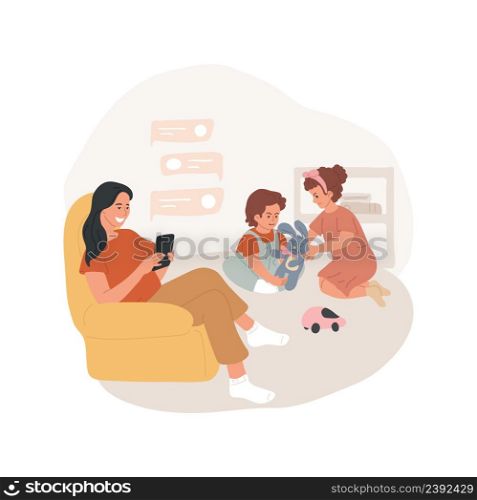 Social media texting isolated cartoon vector illustration. Social media addiction, mother sitting with smartphone, texting with friends, kids disobeying, children fighting vector cartoon.. Social media texting isolated cartoon vector illustration.
