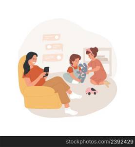 Social media texting isolated cartoon vector illustration. Social media addiction, mother sitting with smartphone, texting with friends, kids disobeying, children fighting vector cartoon.. Social media texting isolated cartoon vector illustration.