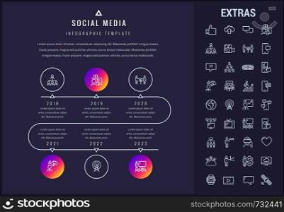 Social media timeline infographic template, elements and icons. Infograph includes years, line icon set with tv set, network connection, electronic mail, internet technology, organization chart etc.. Social media infographic template, elements, icons
