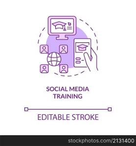 Social media training purple concept icon. Corporate learning online abstract idea thin line illustration. Isolated outline drawing. Editable stroke. Roboto-Medium, Myriad Pro-Bold fonts used. Social media training purple concept icon