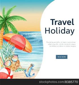 Social media Travel on Holiday summer the beach Palm tree vacation, sea and sky sunlight , creative  watercolor vector illustration design