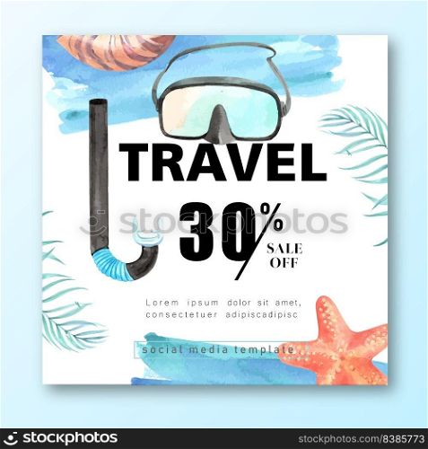 Social media Travel on Holiday summer the beach Palm tree vacation, sea and sky sunlight , creative  watercolor vector illustration design