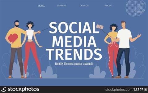 Social Media Trends, Blogger Account Popularity Monitoring Service, Digital Marketing Research Company Web Banner, Landing Page. Man and Woman Bloggers Characters Trendy Flat Vector Illustration