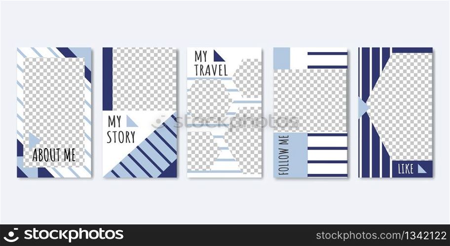 Social Media Trendy Editable Templates for Photos from Travel Set of Banners Vector Illustration. Abot me, Follow me, Like. Design with Blue Lines for Unique Content. Spaces for Images.
