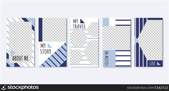 Social Media Trendy Editable Templates for Photos from Travel Set of Banners Vector Illustration. Abot me, Follow me, Like. Design with Blue Lines for Unique Content. Spaces for Images.
