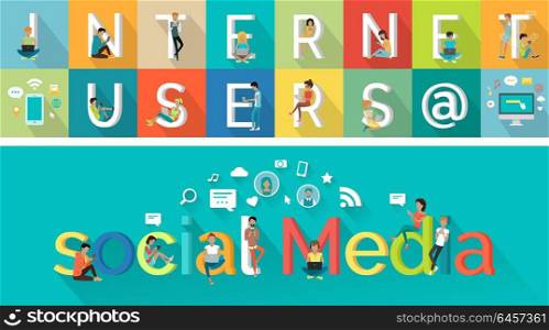 Social Media Vector Concept in Flat Style Design.. Social media vector concept. Flat design. Internet users characters illustration in poses with computers and mobile devices. Network icons. People communication picture for infographics, web design,