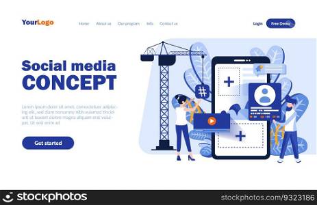 Social media vector landing page template with header. Online communication app web banner, homepage design with flat illustrations. Network users cartoon characters. Keeping in touch concept