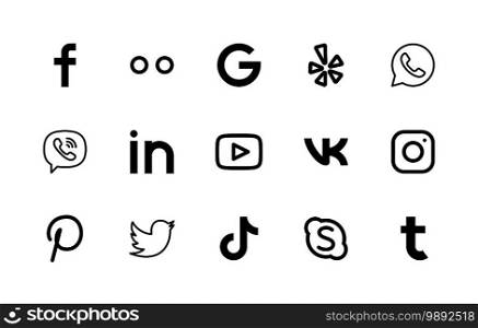 Social media vector linear icons set. Different shapes design popular of social media icons for websites and mobile applications. Isolated collection on white background. Editable stroke.