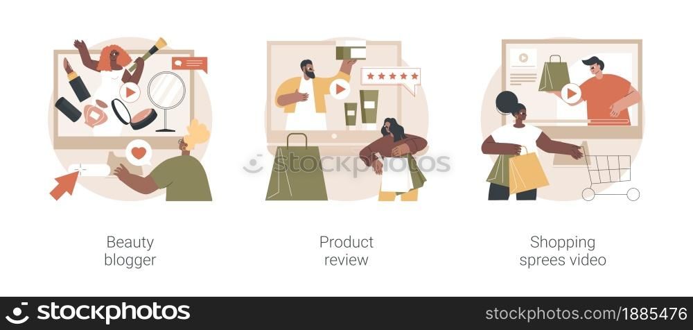 Social media video content abstract concept vector illustration set. Beauty blogger, product review, shopping sprees video, fashion lifestyle channel, personal vlog, product rating abstract metaphor.. Social media video content abstract concept vector illustrations.