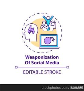 Social media weaponization concept icon. Digital war idea thin line illustration. Journalism challenge. Fake online identities creation. Vector isolated outline RGB color drawing. Editable stroke. Social media weaponization concept icon