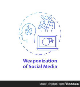 Social media weaponization concept icon. Digital war idea thin line illustration. Using social media manipulation. Fake online identities creation. Vector isolated outline RGB color drawing. Social media weaponization concept icon