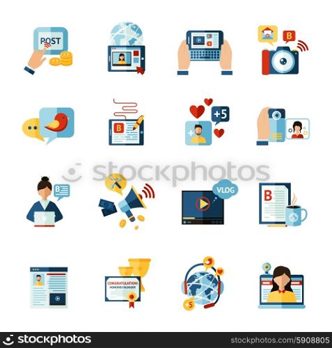 Social media web blogger flat icons set isolated vector illustration. Blogger Icons Set