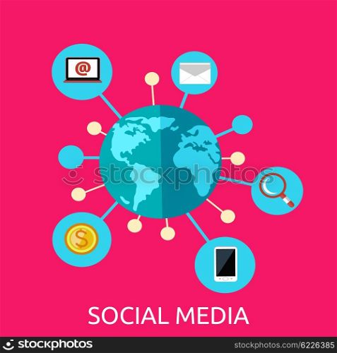 Social media web page design flat. Social network media marketing, blog web page, internet technology business, webpage content, website communication vector illustration